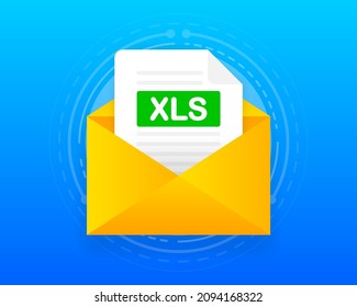 Envelope with XLS file. Laptop and email with XLS document attachment. Vector illustration.