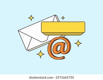Envelope with a yellow banner and at symbol cartoon hand drawn illustration retro for representing digital communication and modern correspondence