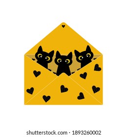 The envelope is yellow with black cats and hearts with white polka dots. Cute Valentine card for printing on poster, clothes, pillows, covers. Love letter. Vector illustration.