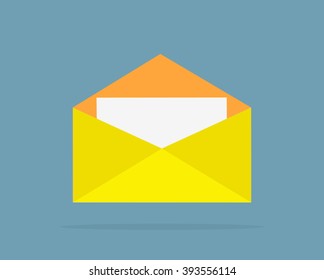 Envelope yellow open design flat. Letter icon, mail and open envelope template, white page, invitation envelope isolated logo vector illustration