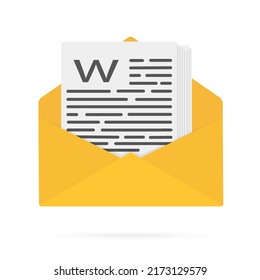 Envelope yellow with sheets of paper and text, and leter W. New email . Flat design illustration. Stock vector graphics 