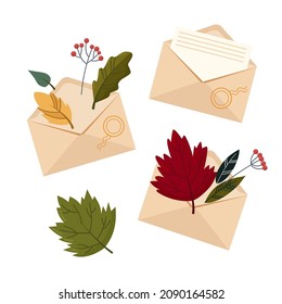 Envelopes with beautiful autumn leaves and letters. Vector illustration on a white background.