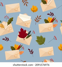 Envelopes with beautiful autumn leaves and letters. Vector seamless pattern on blue background.