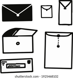 Envelopes black and white line work vector illustration. different style.  