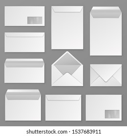 Envelopes. Blank corporate closed and open envelope for a4 letter sheet. Paper postal packages, mail vector isolated realistic business correspondence mockups