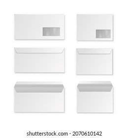 Envelopes. Blank corporate closed and open white paper postal packages with with transparent window. Mail mockups. Realistic letter elements front and back view, vector isolated set