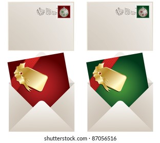 envelopes with christmas ribbon cards and bauble stamps, isolated on white