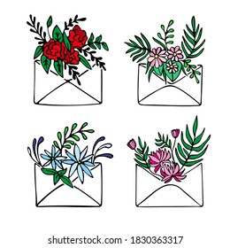 Umschläge mit farbigen Blumen.
Handgezeichnet. Vektorgrafik.