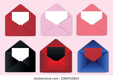 Envelopes of different colors with a document inside each. Business concept. Vector illustration.