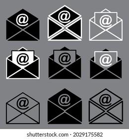 Envía el correo electrónico. Sms charla. Icono de comunicación. Juego de iconos de la página de contactos. Icono de mensaje. Ilustración vectorial. Imagen de archivo. 