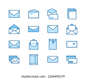 Envelopes flat line icons. Mail, message, open envelope with letter, email vector illustrations. Thin signs for web site, post office. Pixel perfect 64x64. Editable Strokes.