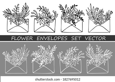 Sobres con flores
conjunto hecho a mano. Ilustración vectorial.