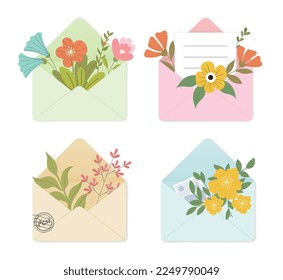 Envelopes with flowers set. Collection of graphic elements for website. Distance communication and interaction. Letters with plants. Cartoon flat vector illustrations isolated on white background
