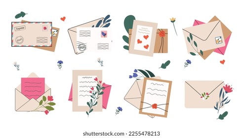 Umschläge mit Blumenbeete. Sammlung von grafischen Elementen für die Website. Kommunikation und romantische Korrespondenz. Paket von Briefen. Cartoon-FlachVektorgrafiken einzeln auf weißem Hintergrund