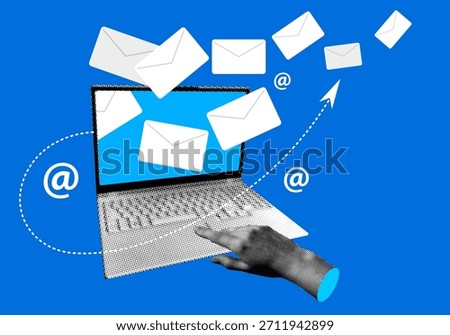 Envelopes fly out of a laptop. Email, messages, chats, notifications. Modern collage. Email processing