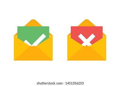 Envelopes with green checkmark and red cross. Approved letter. Rejectioned letter. Isolated elements. Notification symbols. EPS 10