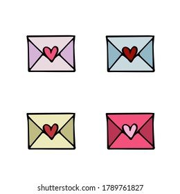 Envelopes with hearts drawn by hand in doodle style. Vector