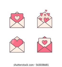 Envelopes with hearts inside. Simple vector symbols set for sweet romantic design.