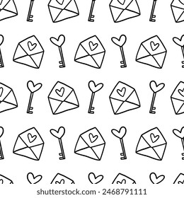 Envelopes with Hearts, Love Letters and Keys Romantic Seamless Pattern, Valentines Day Background Texture. Wallpaper, Minimal Textile Print Design Vector Illustration, Vintage Retro Style