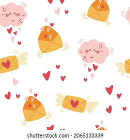 Envelopes with hearts seamless pattern. The clouds and the envelopes. Perfect for Valentine’s day gift wrapping, fabric, poster or banner background. Vector cartoon illustration.