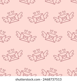 Envelopes with Hearts and Wings, Love Letters Romantic Seamless Pattern, Valentines Day Background Texture. Wallpaper, Minimal Textile Print Design Vector Illustration, Vintage Retro Style