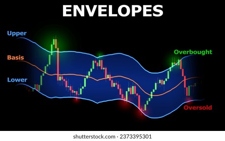 Envelopes indicator in the financial market. Candlestick pattern with green shining as overbought and red shining as oversold. The concept of technical analysis study.