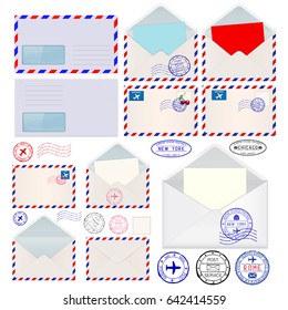 Envelopes. International mail postmarks. Vector illustration