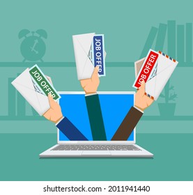 Envelopes with job offers in the hands of managers. Unemployment and hiring concept. Vector illustration.