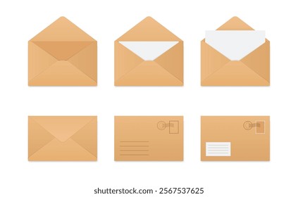 Envelopes with letter closed, open, with postage stamp. Folded and unfolded brown kraft paper envelope set. Vector clip art collection