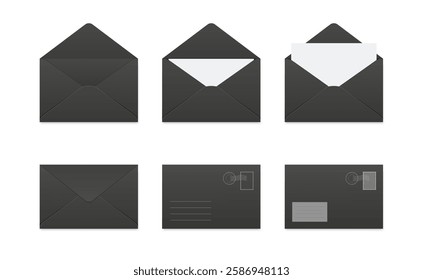 Envelopes with letter closed, open, with postage stamp. Folded and unfolded black kraft paper envelope set. Vector clip art collection