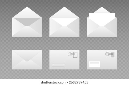 Envelopes with letter closed, open, with postage stamp. Folded and unfolded white paper envelope set. Vector clip art collection