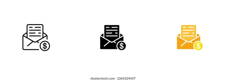 Umschläge mit einem Brief mit einem Dollar-Zeichen. Arbeiten Sie remote, Gehalt, Post, Chat. Vektorset von Symbolen in Linien, schwarze und bunte Stile einzeln auf weißem Hintergrund.