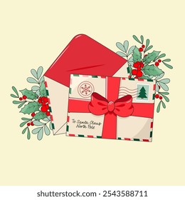 Envelopes with letter inside for Santa Claus with handwritten address to North Pole, stamps and seals, decorated with ribbon and holly branches. Cartoon style vector illustration.