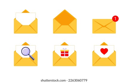 Envelopes with letter. New message or inbox, icons isolated on white background. Vector illustration