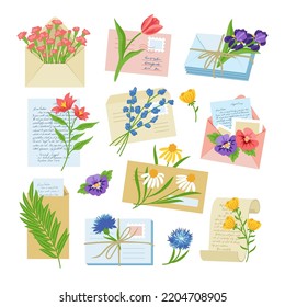 Envelopes and letters with flowers vector illustrations set. Collection of drawings of invitations or postcards isolated on white background. Communication, correspondence, traveling, mail concept