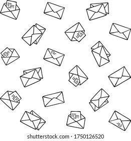 Sobres y letras dibujados a mano con un patrón vectorial sin fisuras. Línea de contorno negro sobre fondo blanco. Llenado de páginas web, papel tapiz, textil, tela, papel de embalaje de impresión, volante, tarjeta o folleto.