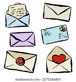 Envelopes and letters with hearts. Hand draw with brush texture. Vector, isolated. 