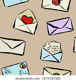 Envelopes and letters with hearts seamless pattern. Hand draw with brush texture. Vector, isolated. 