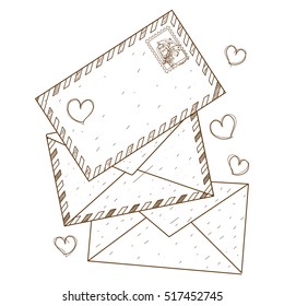 Envelopes and letters outline drawing for coloring. Vintage style.