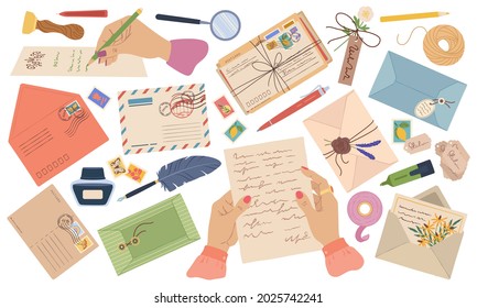 Envelopes, letters, paper mail, postcards with stamps and postmarks. Hands writing letter. Wax seal envelope with flowers, post card vector set. Woman holding paper with text and stationery