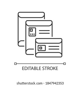 Envelopes linear icon. Postal stationery, mail service thin line customizable illustration. Traditional correspondence. Contour symbol. Vector isolated outline drawing. Editable stroke