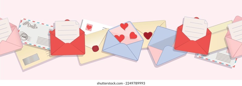 Envelopes long pattern. Design element for printing on fabric. Symbol of friendly and romantic correspondence. Remote communication and interaction. Letters and mail. Cartoon flat vector illustration