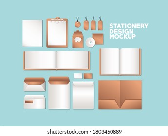 sobres y maquillaje sobre fondo azul de identidad corporativa y diseño de papel Tema de ilustración vectorial