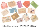 Envelopes, paper mail letters, postcards with stamps and postmarks. Handmade wax seal envelope, vintage correspondence post card vector set. Old-fashioned writing with flowers for holidays