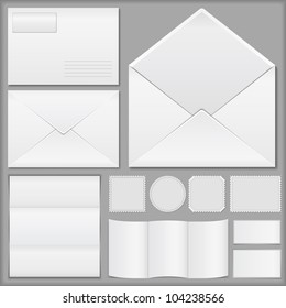 Envelopes, paper and postage stamps, vector eps10 illustration
