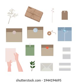 Sobres y postales. Sello de cera. Manos sosteniendo papel. Tarjeta de saludo y carta. Flores secas. Ilustración vectorial moderna para diseño web e impresión.   