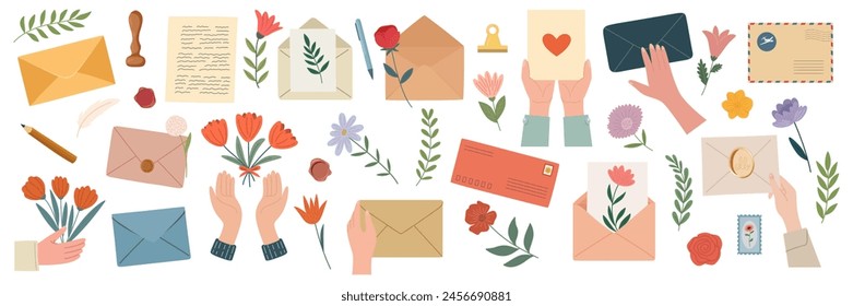 Sobres, sellos postales, postales, manos en la mano, Elementos de diseño florales para regalos, tarjetas de felicitación. Diferentes sobres de papel, cera de sellado, papelería para la Colección de correspondencia postal, aislado