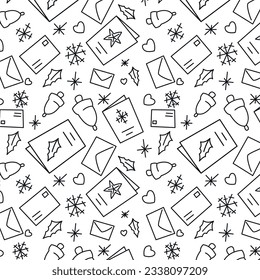 envelopes, postcards, stars, hearts. Seamless pattern on a white background. Christmas