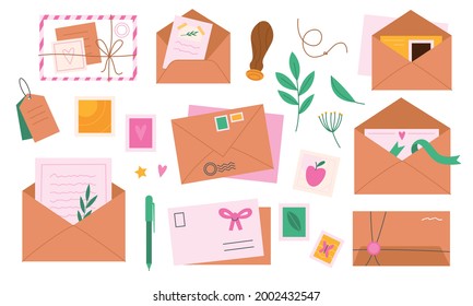 Sobres con marcas postales. Decoración de cartas y tarjetas de felicitación. Entrega de mensajes de correo. Caricatura de caricaturas postales y páginas de papel, trozos de dos piezas o estribos de herbario. Conjunto de correspondencia de vectores