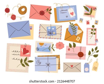 Envelopes with postmarks and letters. Paper postal elements. Twigs of plants. Sealing wax and twine. Vintage sending messages. Postcards and flowers. Post stamps. Vector